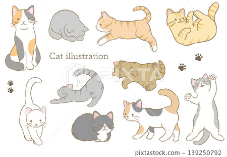 A set of simple and cute cut illustrations of cats in various patterns and colors, suitable for use as illustrations. A set of simple and cute cut illustrations of cats in various patterns and colors, suitable for use as illustrations. 139250792