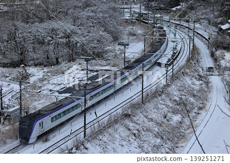 The Chuo Line train passes through Hatsukari Station in a snowy landscape. The Chuo Line train passes through Hatsukari Station in a snowy landscape. 139251271