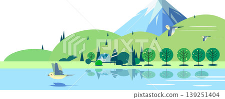 富士山和湖泊的風景插圖,可編輯向量素材,留有空白區域,路徑清晰 富士山和湖泊的風景插圖,可編輯向量素材,留有空白區域,路徑清晰 139251404