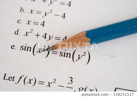 Pencil on mathematic formula exercise test paper in education school. 139251517