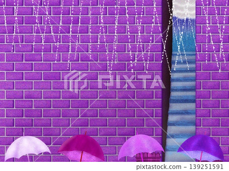 雨天裡的一條磚砌小巷和一排雨傘 雨天裡的一條磚砌小巷和一排雨傘 139251591