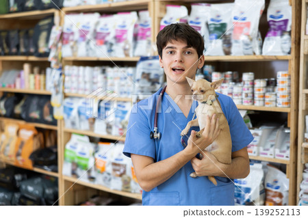 Positive young veterinarian standing in veterinary clinic with chihuahua in hands Positive young veterinarian standing in veterinary clinic with chihuahua in hands 139252113