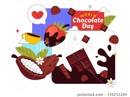 World Chocolate Day Vector Illustration Featuring Sweet Desserts, Cocoa Beans, Candy Bars, Drinks, and Festive Treat Designs World Chocolate Day Vector Illustration Featuring Sweet Desserts, Cocoa Beans, Candy Bars, Drinks, and Festive Treat Designs 139252264