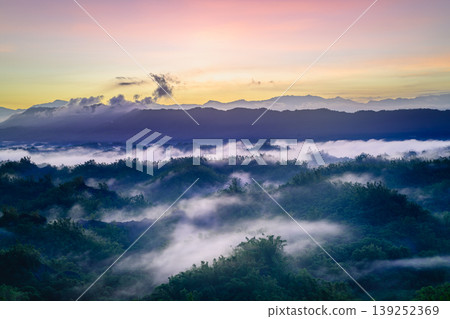 Sunrise over the misty mountains of Zuozhen, Tainan, Taiwan Sunrise over the misty mountains of Zuozhen, Tainan, Taiwan 139252369