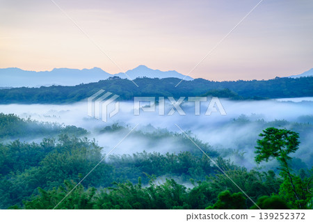 Sunrise over the Misty Mountains in Zuozhen, Tainan 139252372