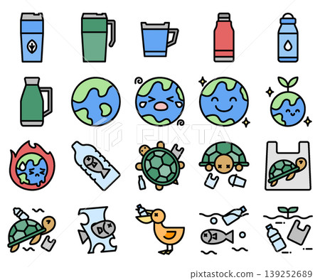 Zero Plastic and Environmental Icon Set - Colored Outline Zero Plastic and Environmental Icon Set - Colored Outline 139252689