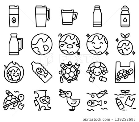Zero Plastic and Environmental Icon Set - Line Outline Zero Plastic and Environmental Icon Set - Line Outline 139252695