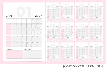 Monthly calendar template for 2027 year. Pink to do planner for 2027 year. Week Starts on Sunday. Calendar Set for 2027 year. Monthly calendar template for 2027 year. Pink to do planner for 2027 year. Week Starts on Sunday. Calendar Set for 2027 year. 139252831