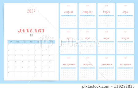 Monthly calendar template for 2027 year. Blue and pink planner for 2027 year. Week Starts on Sunday. Calendar Set for 2027 year. 139252833