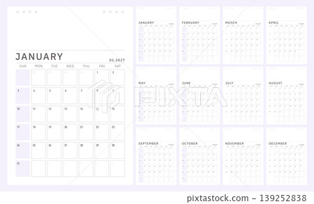 Monthly calendar template for 2027 year. Soft purple planner for 2027 year. Week Starts on Sunday. Calendar Set for 2027 year. 139252838