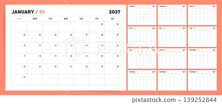 Monthly calendar template for 2027 year. Coral minimalist planner for 2027 year. Wall calendar set for 2027 year with Sunday start. Monthly calendar template for 2027 year. Coral minimalist planner for 2027 year. Wall calendar set for 2027 year with Sunday start. 139252844