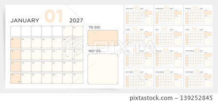 Monthly planner calendar template for 2027 year. Beige to do and notes planner for 2027 year. Wall calendar set for 2027 year with Sunday start and task sections. Monthly planner calendar template for 2027 year. Beige to do and notes planner for 2027 year. Wall calendar set for 2027 year with Sunday start and task sections. 139252845
