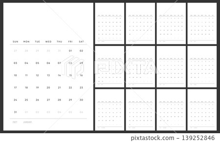 Monthly calendar template for 2027 year. Black and white minimal planner for 2027 year. Wall calendar set for 2027 year with Sunday start and simple layout. Monthly calendar template for 2027 year. Black and white minimal planner for 2027 year. Wall calendar set for 2027 year with Sunday start and simple layout. 139252846