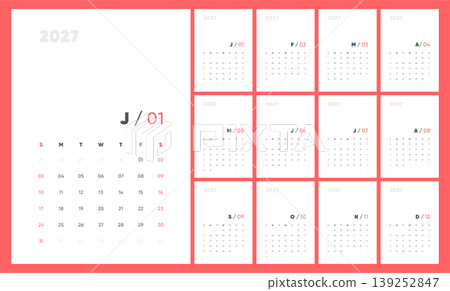 Monthly calendar template for 2027 year. Coral red modern minimalist planner for 2027 year. Wall calendar set for 2027 year with letter initials and Sunday start. Monthly calendar template for 2027 year. Coral red modern minimalist planner for 2027 year. Wall calendar set for 2027 year with letter initials and Sunday start. 139252847