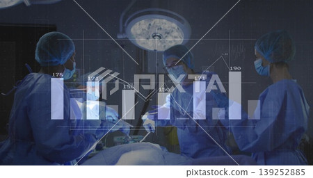 Operating surgical team wearing blue scrubs performing surgery at OR table, with chart overlay Operating surgical team wearing blue scrubs performing surgery at OR table, with chart overlay 139252885
