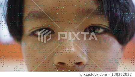 Displaying child's face filling frame at interior space, with translucent pixel squares and dots Displaying child's face filling frame at interior space, with translucent pixel squares and dots 139252922