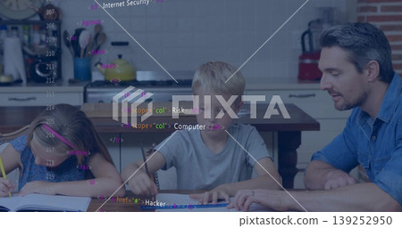 Working father and children writing in notebooks at wooden kitchen table, with floating HTML code 139252950