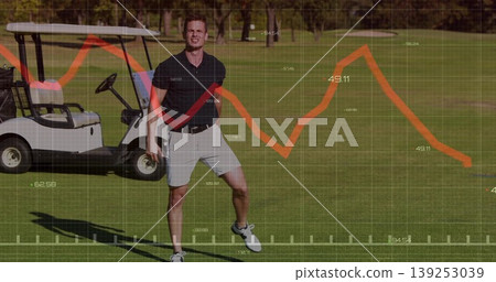 Standing golfer in golf attire studying red graph grid overlay on fairway, with white golf cart 139253039