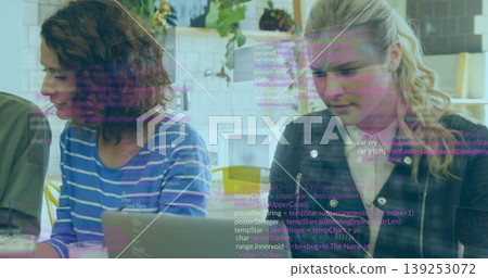Collaborating developers typing code on laptops in office lounge, with coffee mug and code overlay Collaborating developers typing code on laptops in office lounge, with coffee mug and code overlay 139253072