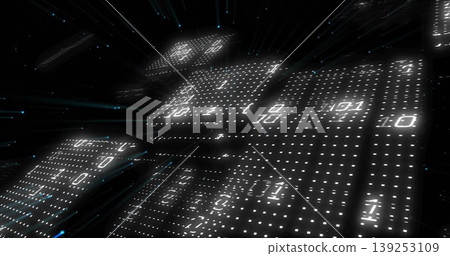 Glowing digital panels hovering in cyberspace, with binary dot-matrix digits and light-blue streaks 139253109