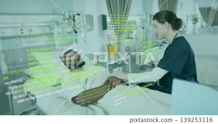 Holding nurse talking with patient in hospital ward, with IV drip stand and code overlay Holding nurse talking with patient in hospital ward, with IV drip stand and code overlay 139253116