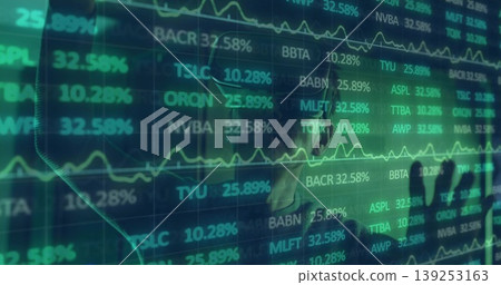Standing mature Korean man in suit in office, with digital overlay showing stock tickers and charts Standing mature Korean man in suit in office, with digital overlay showing stock tickers and charts 139253163