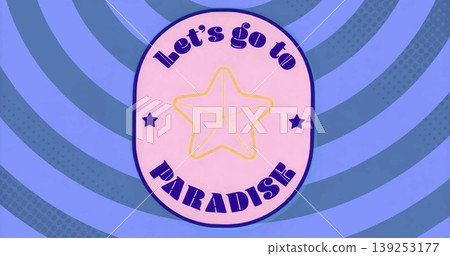 Displaying navy-bordered pink badge over violet spiral with yellow star, navy stars and navy text 139253177