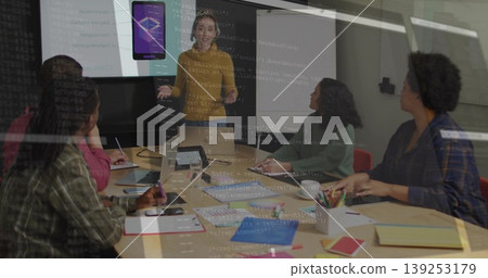 Presenting woman in mustard top pointing at app display in meeting room, with laptops, notebooks Presenting woman in mustard top pointing at app display in meeting room, with laptops, notebooks 139253179