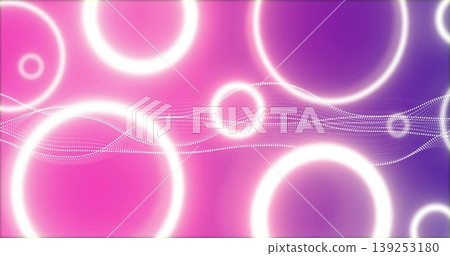 Displaying glowing white ring occupying left side in neon gradient, forming dotted white wave lines Displaying glowing white ring occupying left side in neon gradient, forming dotted white wave lines 139253180