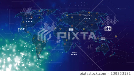 Displaying glowing digital world map projecting network icons and hex patterns on blue dashboard Displaying glowing digital world map projecting network icons and hex patterns on blue dashboard 139253181