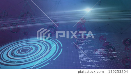 Projecting holographic ring interface on left in cyberspace with network spheres, copy space Projecting holographic ring interface on left in cyberspace with network spheres, copy space 139253204