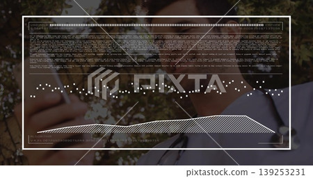 Examining doctor in scrubs tapping smartphone under tree, stethoscope and code overlay, copy space Examining doctor in scrubs tapping smartphone under tree, stethoscope and code overlay, copy space 139253231