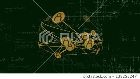 Showing spherical network glowing over green field, with yellow lines, nodes and math formulas Showing spherical network glowing over green field, with yellow lines, nodes and math formulas 139253247