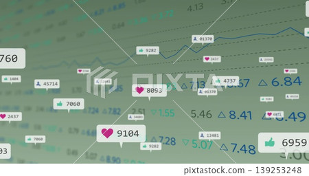 Showing metric icons hovering over green line chart on screen with heart thumbs-up user icon counts Showing metric icons hovering over green line chart on screen with heart thumbs-up user icon counts 139253248