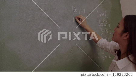 Writing teacher solving absolute value equation on green chalkboard holding white chalk, copy space Writing teacher solving absolute value equation on green chalkboard holding white chalk, copy space 139253263