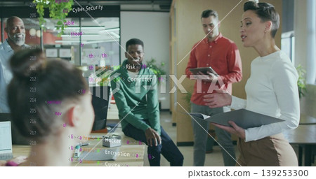 Presenting woman holding folder speaking in office training, laptop, glass partitions, copy space Presenting woman holding folder speaking in office training, laptop, glass partitions, copy space 139253300