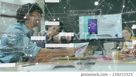 Holding tablet man in formal shirt leading meeting in office with monitor showing smartphone mockup Holding tablet man in formal shirt leading meeting in office with monitor showing smartphone mockup 139253325