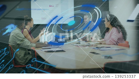 Collaborating four professionals in suits analyzing data in meeting room with laptops, hologram Collaborating four professionals in suits analyzing data in meeting room with laptops, hologram 139253337