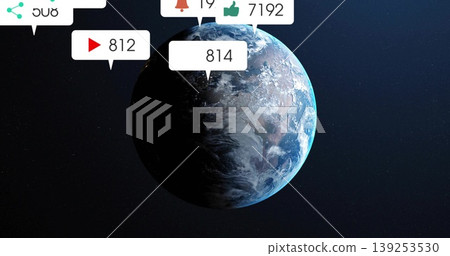 Displaying planet Earth rotating in space with share icon and notification counters 812,19,7192,814 Displaying planet Earth rotating in space with share icon and notification counters 812,19,7192,814 139253530