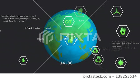 Displaying 3D globe rotating on virtual UI, featuring hex icons, climate metrics and code snippets Displaying 3D globe rotating on virtual UI, featuring hex icons, climate metrics and code snippets 139253534