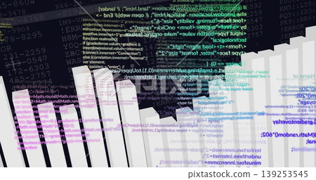 Rendering data visualization in grid, with white 3D bars colored code snippets and numeric strings Rendering data visualization in grid, with white 3D bars colored code snippets and numeric strings 139253545