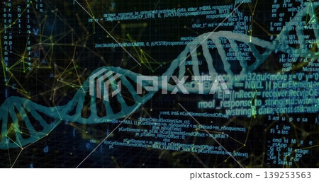 Displaying glowing DNA helix twisting through virtual code and network graph in digital interface 139253563