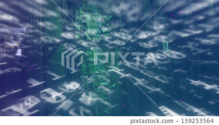 Streaming code symbols over rack with green-lit circuit boards and network cables in data center Streaming code symbols over rack with green-lit circuit boards and network cables in data center 139253564