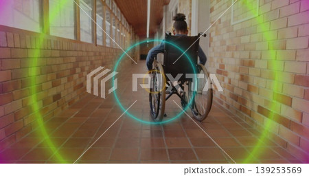 Rolling schoolgirl in wheelchair wearing casual clothes down school corridor with colored overlays Rolling schoolgirl in wheelchair wearing casual clothes down school corridor with colored overlays 139253569