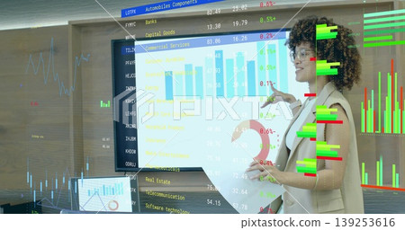 Presenting analyst in blazer explaining financial charts on screen and ticker in office, copy space Presenting analyst in blazer explaining financial charts on screen and ticker in office, copy space 139253616