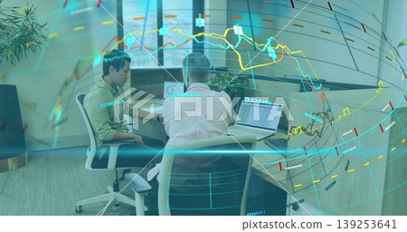 Two coworkers in shirts collaborating on laptops in modern office, with holographic globe overlay Two coworkers in shirts collaborating on laptops in modern office, with holographic globe overlay 139253641