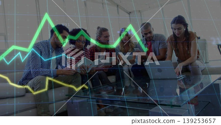 Analyzing data, six professionals using digital devices on sofa in office lounge, with neon graphs Analyzing data, six professionals using digital devices on sofa in office lounge, with neon graphs 139253657