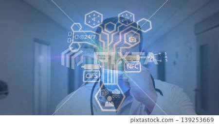 Adjusting eyeglasses doctor in lab coat analyzing network in hallway, with stethoscope, hex icons Adjusting eyeglasses doctor in lab coat analyzing network in hallway, with stethoscope, hex icons 139253669
