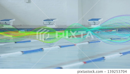 Stretching colorful wave overlay across pool lanes at pool deck, with starting blocks 1-3 and ropes 139253704