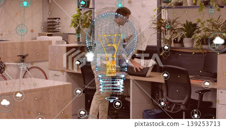 Office worker wearing shirt adjusting laptop bag in cubicle, with bicycle and network icons Office worker wearing shirt adjusting laptop bag in cubicle, with bicycle and network icons 139253713